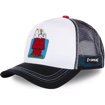 Capslab Doghouse, Snoopy and Snoopy and Woodstock HOU Peanuts White and Black Trucker Hat