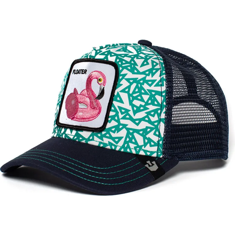 blaue-trucker-kappe-mit-schwimmendem-flamingo-clothing-optional-von-goorin-bros