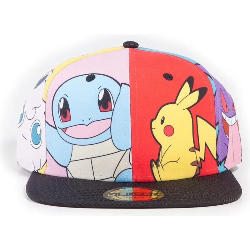 mehrfarbige-flatcap-snapback-pikachu-squirtle-gengar-psyduck-jigglypuff-multi-pop-art-pokemon-von-difuzed