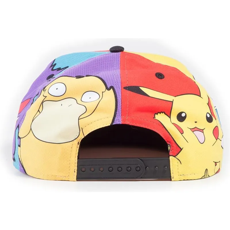 mehrfarbige-flatcap-snapback-pikachu-squirtle-gengar-psyduck-jigglypuff-multi-pop-art-pokemon-von-difuzed