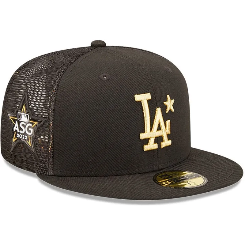 schwarze-flat-brim-trucker-cap-mit-goldenem-logo-59fifty-all-star-game-los-angeles-dodgers-mlb-von-new-era
