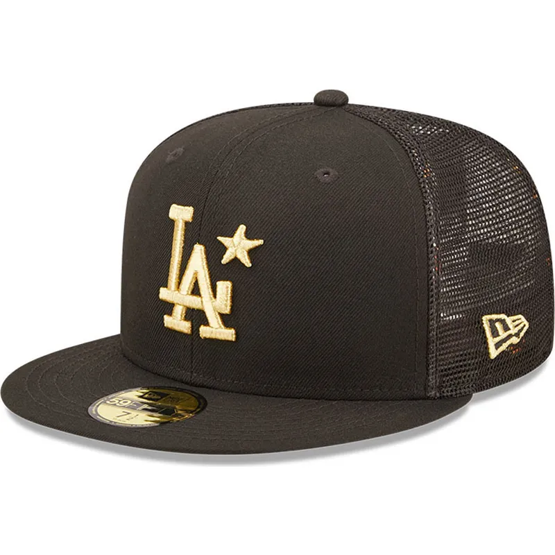 schwarze-flat-brim-trucker-cap-mit-goldenem-logo-59fifty-all-star-game-los-angeles-dodgers-mlb-von-new-era