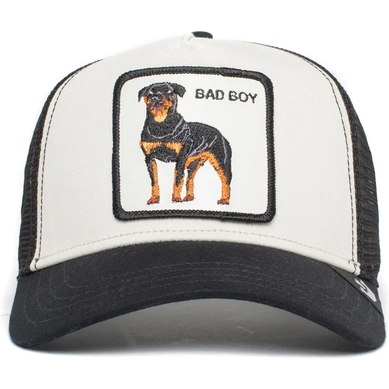 trucker-cap-weiss-und-schwarz-hund-rottweiler-bad-boy-the-baddest-boy-the-farm-von-goorin-bros