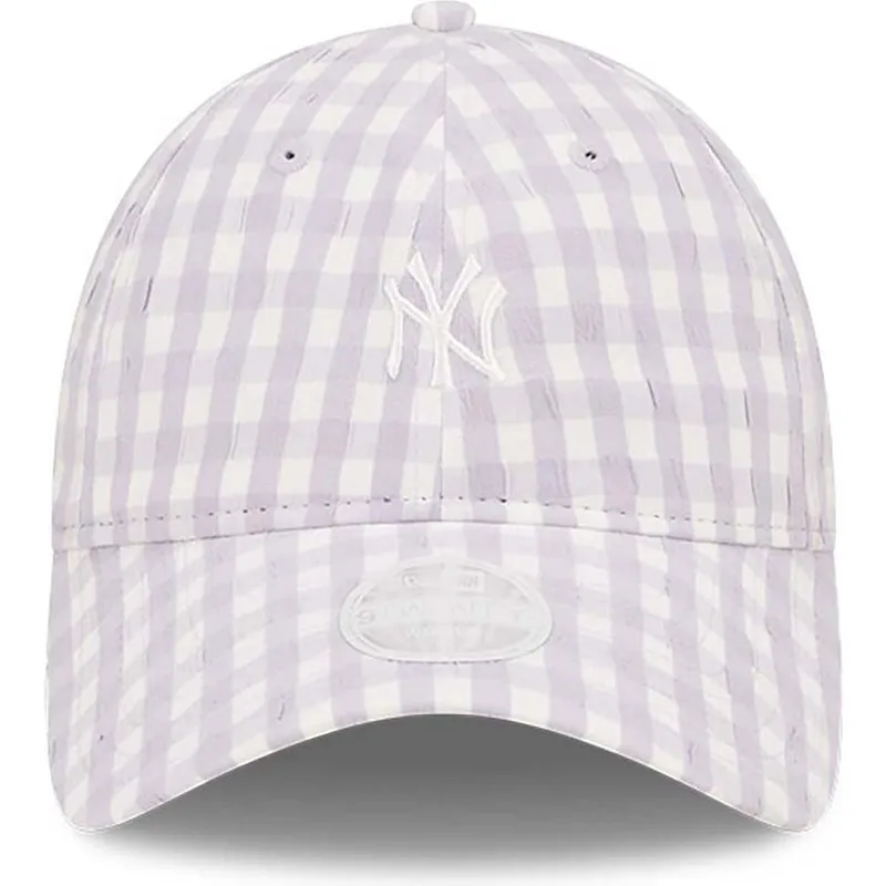 hellviolette-gebogene-verstellbare-damenkappe-9twenty-gingham-der-new-york-yankees-mlb-von-new-era