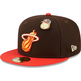 New Era Flat Brim 59FIFTY The Elements Fire Pin Miami Heat NBA Brown and Red Fitted Cap