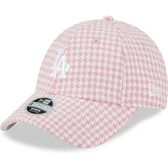 New Era Curved Brim Women 9FORTY Houndstooth Los Angeles Dodgers MLB Pink and White Adjustable Cap