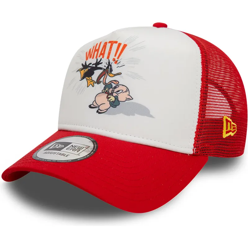 weisse-und-rote-a-frame-trucker-kappe-mit-daffy-duck-und-porky-pig-looney-tunes-von-new-era