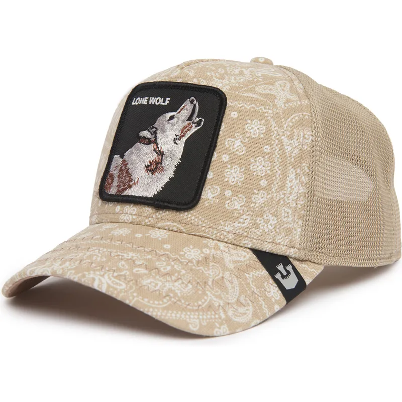 trucker-cap-beige-wolf-lone-wolf-sign-o-the-times-the-farm-paisley-von-goorin-bros