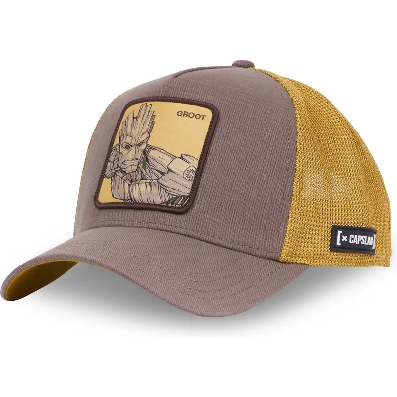 trucker-cap-braun-und-gelb-groot-gro1-marvel-comics-von-capslab