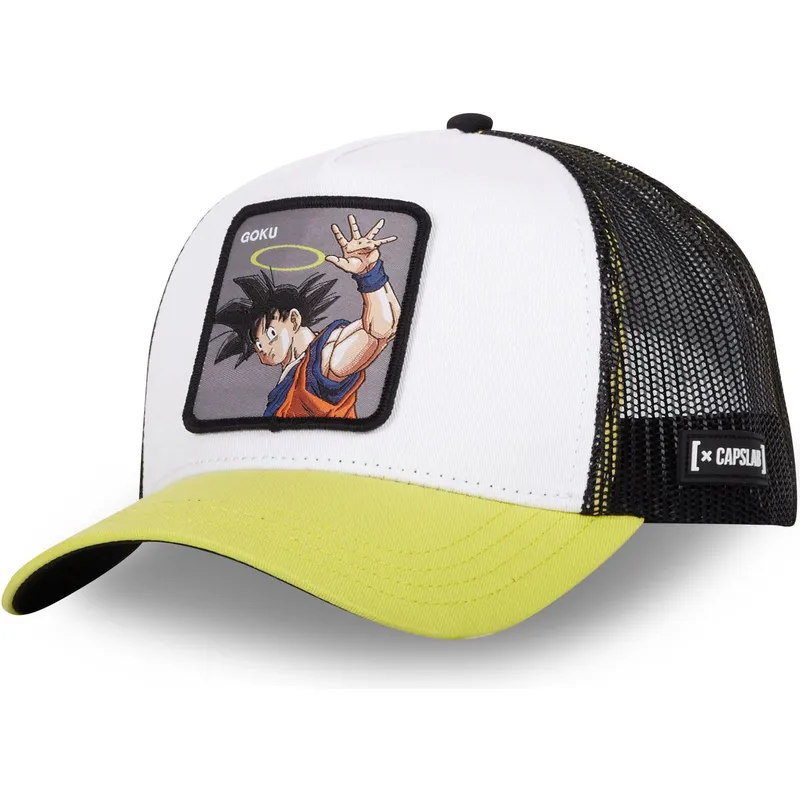 son-goku-ang-dragon-ball-weisse-schwarze-und-gelbe-trucker-kappe-von-capslab