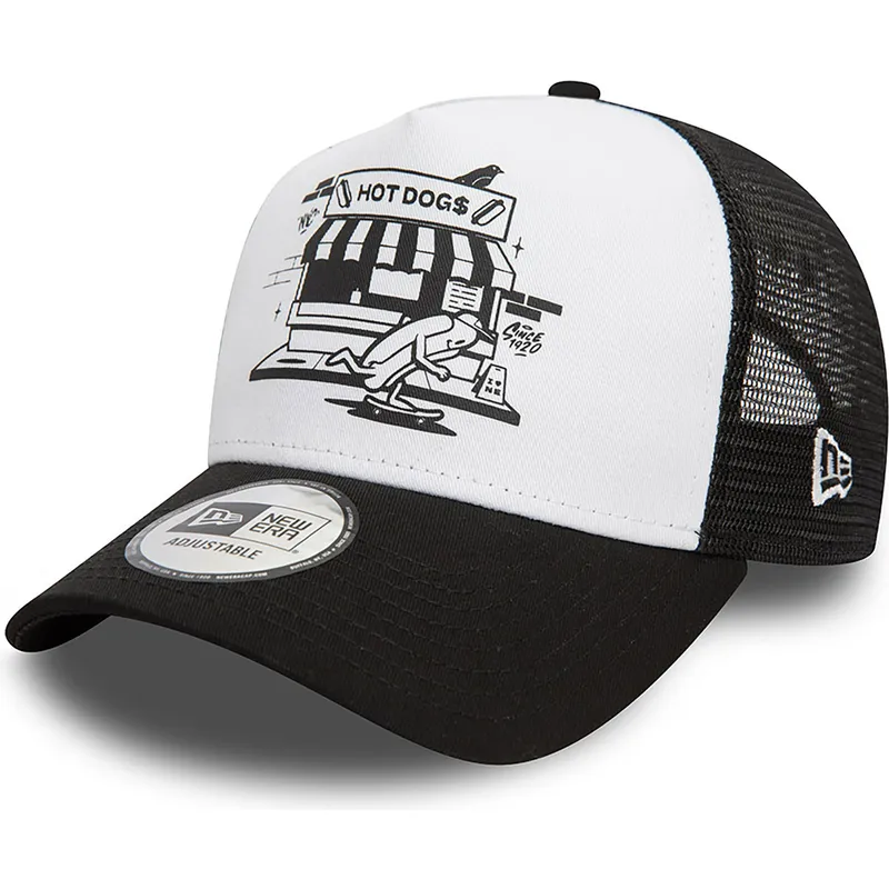 new-era-hot-dog-new-york-a-frame-graphic-schwarz-weisse-trucker-kappe