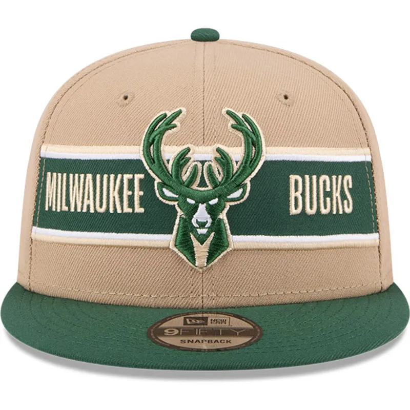 braune-und-grune-flache-snapback-kappe-9fifty-draft-2024-von-milwaukee-bucks-nba-von-new-era