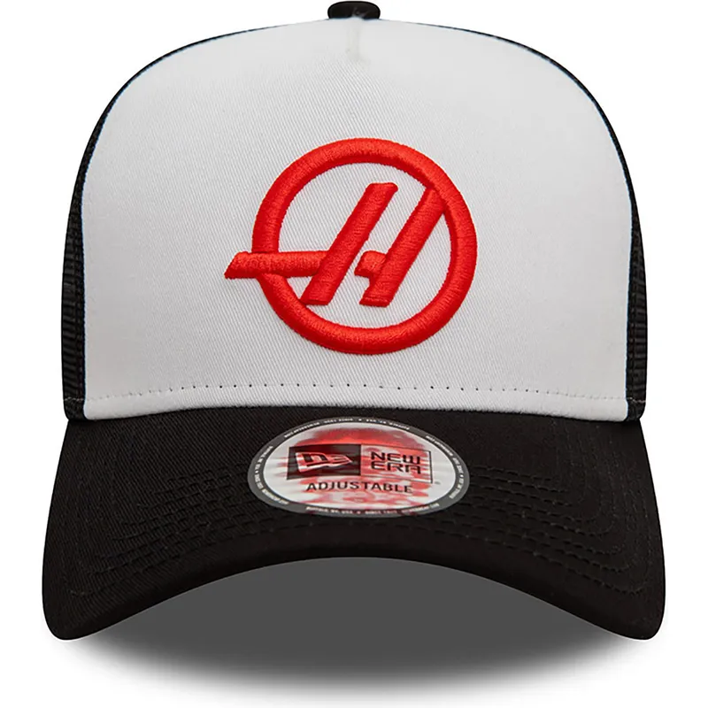 weisse-und-schwarze-trucker-cap-e-frame-von-haas-f1-team-formula-1-von-new-era
