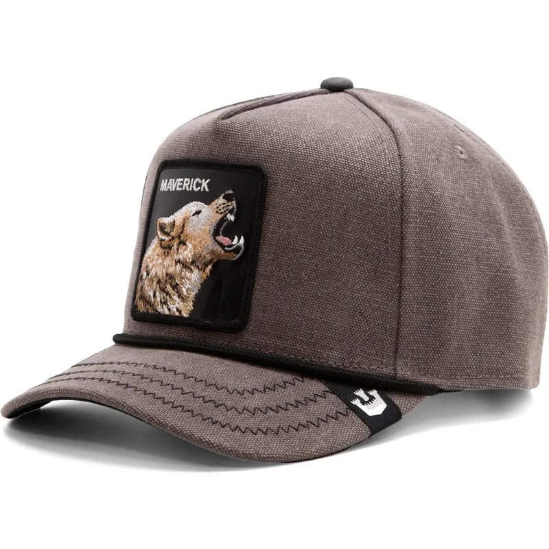 goorin-bros-the-farm-snapback-kappe-mit-gebogenem-schirm-grau-motiv-heulender-wolf-maverick-auf-enten-canvas