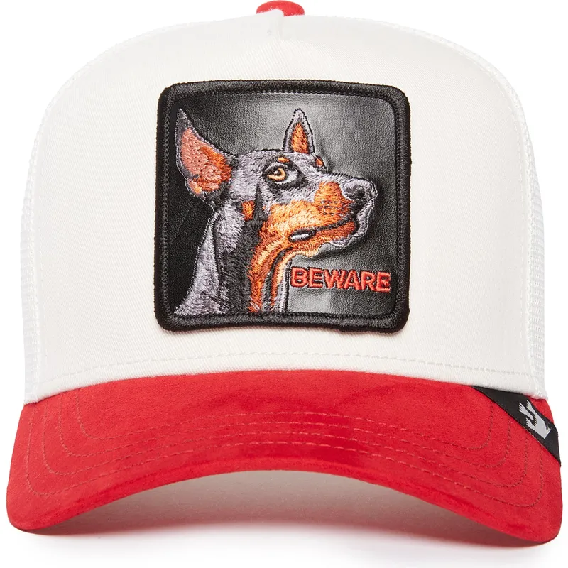 trucker-cap-weiss-und-rot-dobermann-hund-beware-the-suede-doberman-the-farm-von-goorin-bros