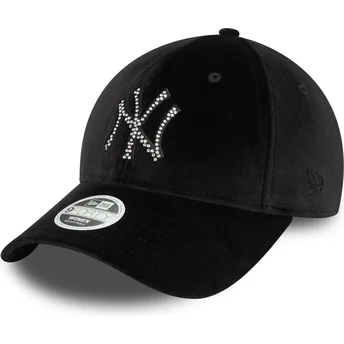 New Era Curved Brim Women 9FORTY Velour Diamante New York Yankees MLB Black Adjustable Cap