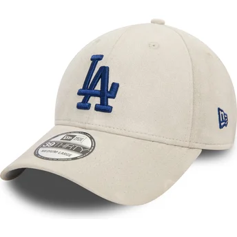 New Era Curved Brim Blue Logo 39THIRTY Faux Suede Los Angeles Dodgers MLB Beige Fitted Cap