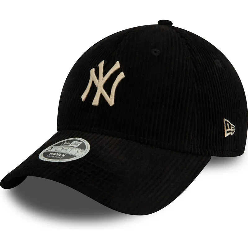schwarze-gebogene-verstellbare-damenkappe-mit-beigem-logo-9forty-cord-der-new-york-yankees-mlb-von-new-era