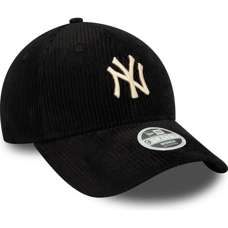schwarze-gebogene-verstellbare-damenkappe-mit-beigem-logo-9forty-cord-der-new-york-yankees-mlb-von-new-era
