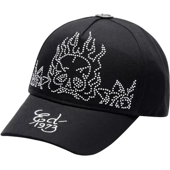 Verstellbare schwarze Kappe mit gebogenem Schirm Flaming Skull von Ed Hardy