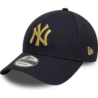 New Era Curved Brim Golden Logo 9FORTY Metallic New York Yankees MLB Navy Blue Adjustable Cap