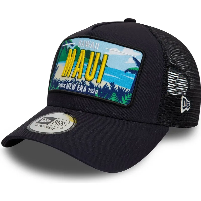 marineblaue-trucker-kappe-9forty-a-frame-license-plate-maui-stadte-und-strande-von-new-era