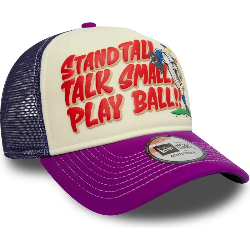 beige-und-violette-trucker-kappe-9forty-a-frame-graphic-stand-tall-talk-small-play-ball-von-new-era
