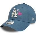 blaue-verstellbare-curved-cap-fur-damen-9forty-denim-icon-heart-der-los-angeles-dodgers-mlb-von-new-era