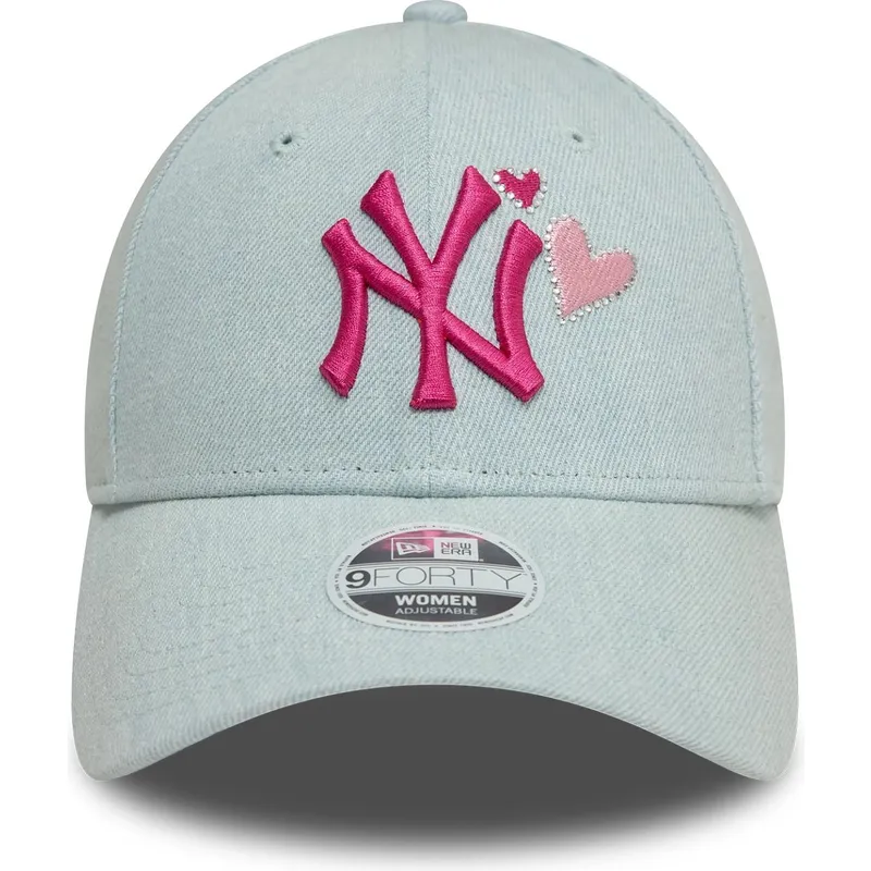 hellblaue-gebogene-verstellbare-damenkappe-mit-rosa-logo-9forty-denim-icon-heart-der-new-york-yankees-mlb-von-new-era