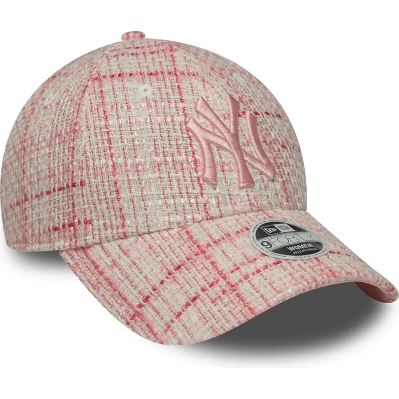 gebogene-rosa-verstellbare-damenkappe-mit-rosa-logo-9forty-tweed-von-new-york-yankees-mlb-von-new-era