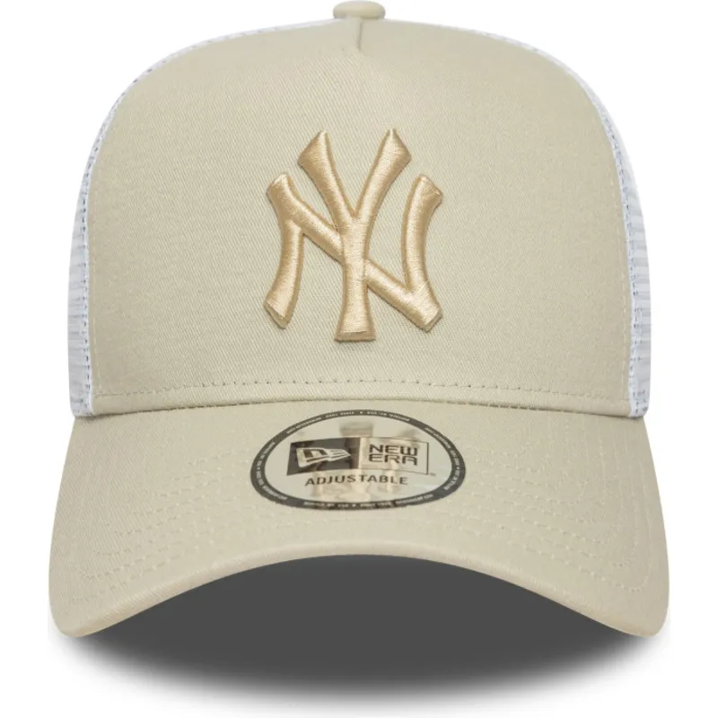 beige-weisse-trucker-cap-mit-beigem-logo-a-frame-league-essential-der-new-york-yankees-mlb-von-new-era