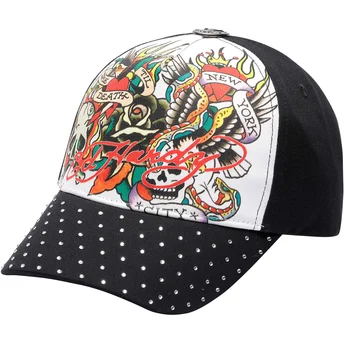 Weiße und schwarze verstellbare Curved Cap True Til Death von Ed Hardy