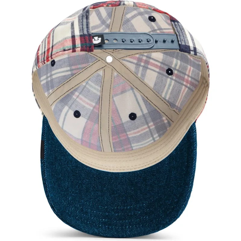 cap-zaoblena-navy-blue-snapback-goorin-bros-curved-brim-raised-in-a-barn-papa-cap-madras-the-farm-navy-blue-and-red-cap-the-farm