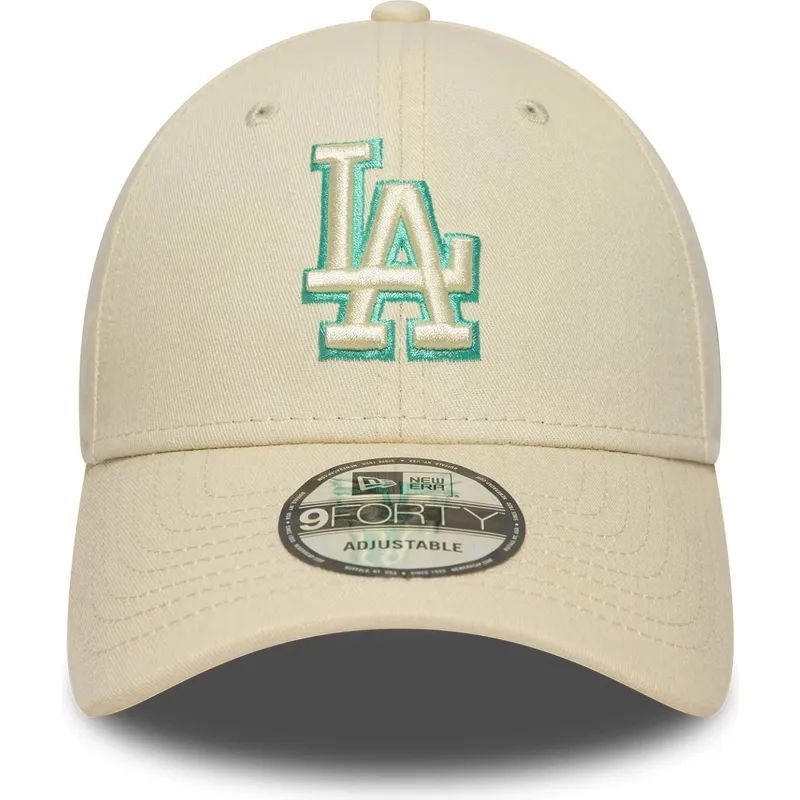 beige-verstellbare-curved-cap-mit-grunem-logo-9forty-team-outline-der-los-angeles-dodgers-mlb-von-new-era