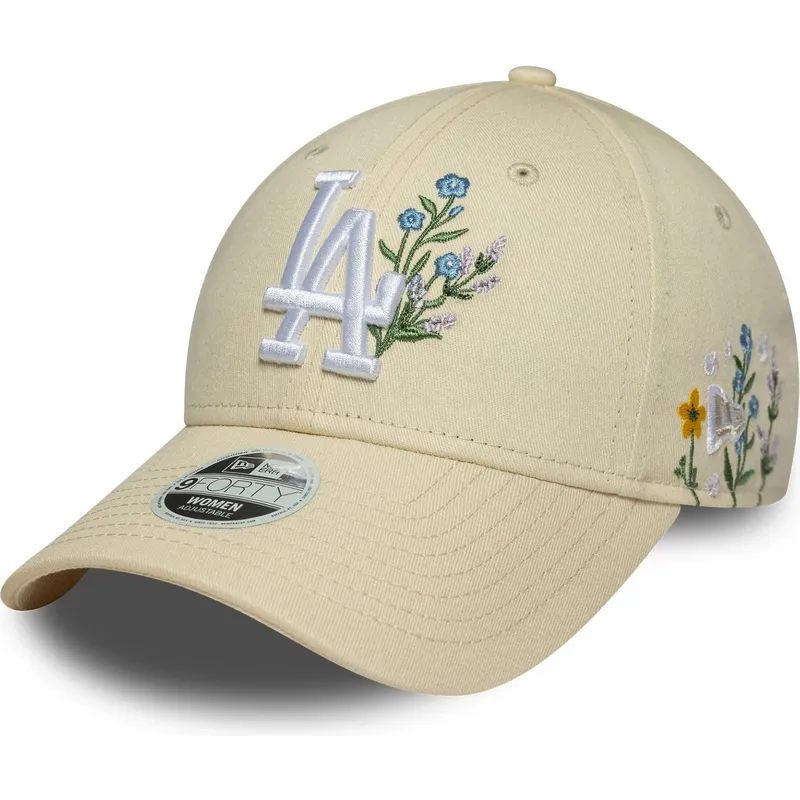 beige-verstellbare-curved-cap-fur-damen-9forty-floral-icon-der-los-angeles-dodgers-mlb-von-new-era