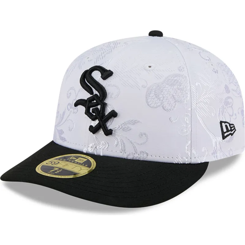 weisse-und-schwarze-flache-fitted-kappe-59fifty-day-low-profile-der-chicago-white-sox-mlb-von-new-era