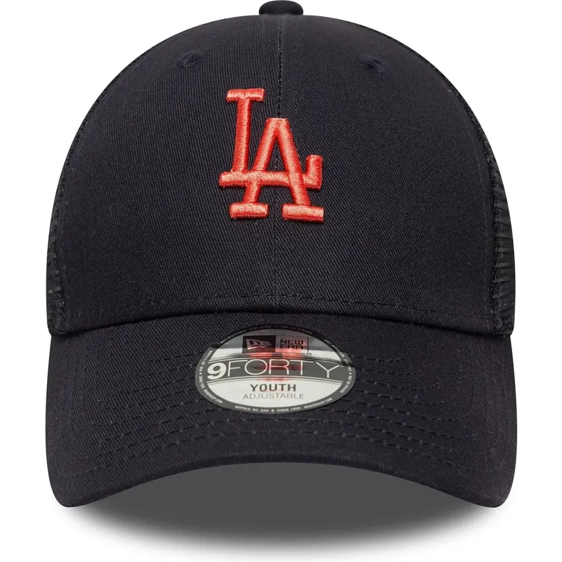 marineblaue-verstellbare-trucker-kappe-fur-kinder-mit-rotem-logo-9forty-homefield-der-los-angeles-dodgers-mlb-von-new-era