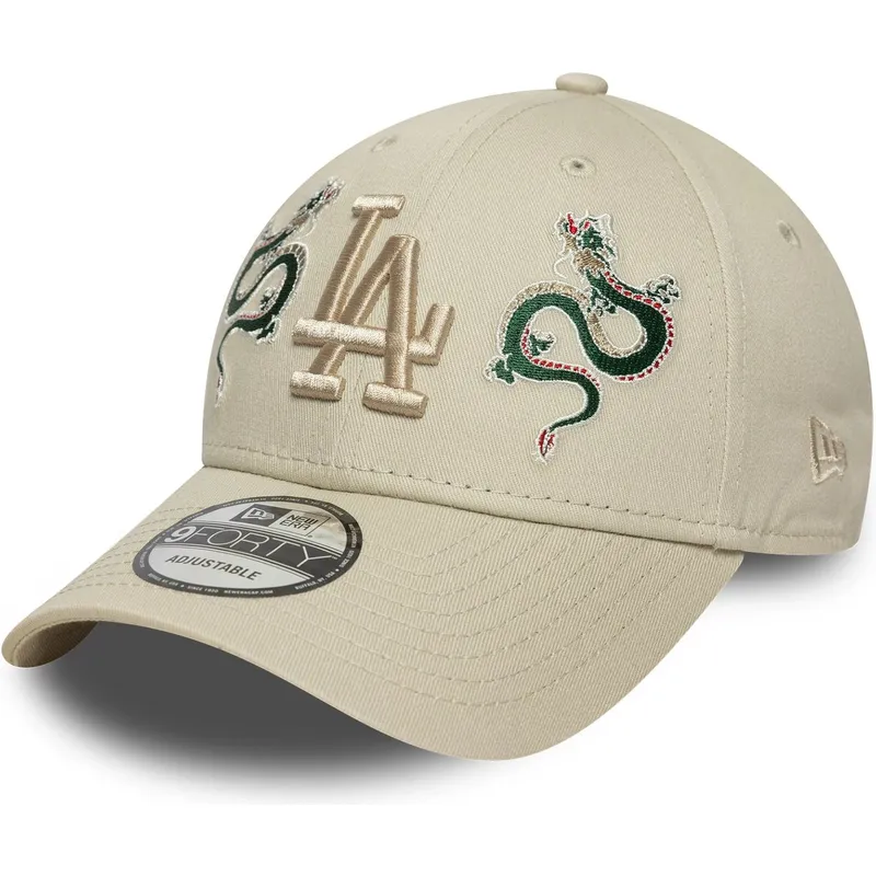 beige-verstellbare-curved-cap-mit-beigem-logo-9forty-icon-dragon-der-los-angeles-dodgers-mlb-von-new-era