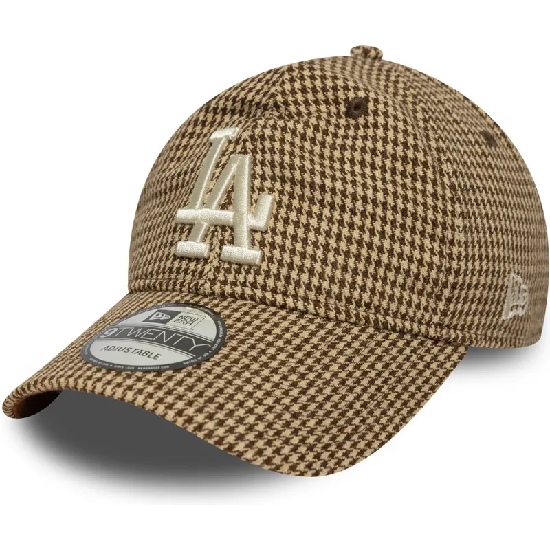 verstellbare-braune-9twenty-houndstooth-kappe-der-los-angeles-dodgers-mlb-von-new-era