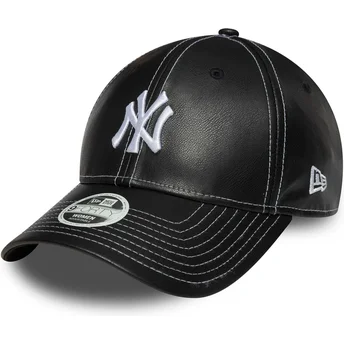 New Era New York Yankees MLB 9FORTY Topstitch PU verstellbare schwarze Damenkappe mit gebogenem Schirm