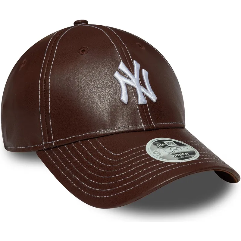 braune-gebogene-verstellbare-damenkappe-9forty-topstitch-pu-der-new-york-yankees-mlb-von-new-era