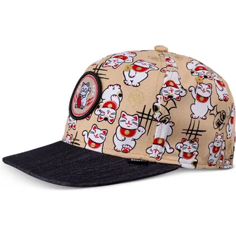 Gorra plana beige y negra snapback para niño Lucky Cat Linen de Djinns