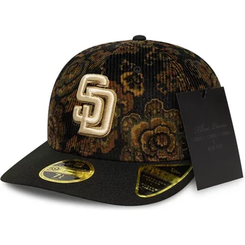 San Diego Padres MLB New Era 59FIFTY Low Profile Floral Cord Three Looms Printed Corduroy Schwarze Gebogene Fitted Kappe