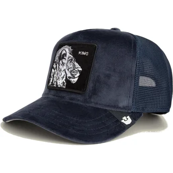 Goorin Bros. The Farm King Lion Velour Marineblaue Trucker-Kappe mit Löwenmotiv.