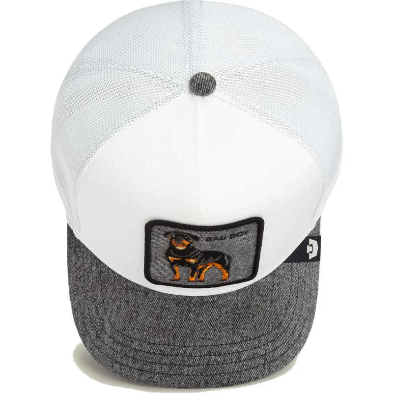trucker-cap-weiss-und-grau-hund-rottweiler-bad-boy-denim-the-farm-von-goorin-bros