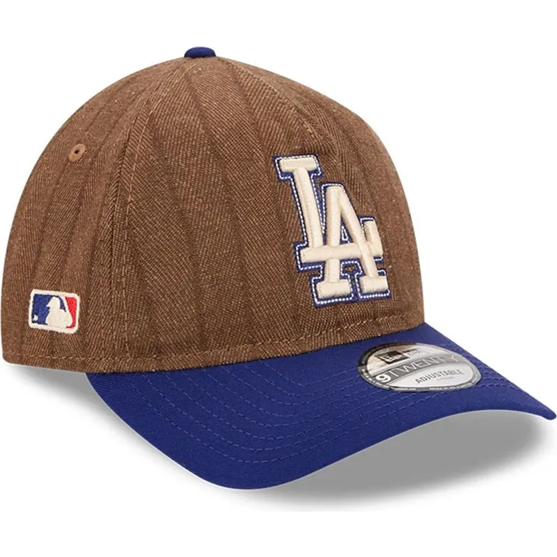 braune-und-blaue-verstellbare-curved-cap-9twenty-a-frame-wool-pinstripe-der-los-angeles-dodgers-mlb-von-new-era