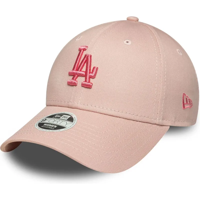 rosa-verstellbare-curved-cap-fur-damen-mit-rosa-logo-9forty-league-essential-der-los-angeles-dodgers-mlb-von-new-era