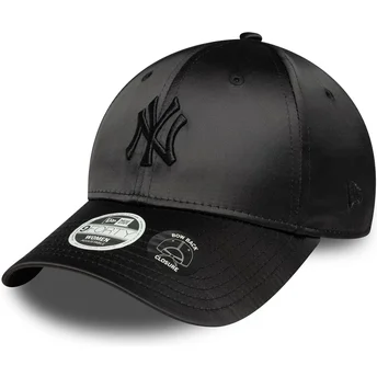 New Era Curved Brim Women Black Logo 9FORTY Satin Bow Back New York Yankees MLB Black Adjustable Cap