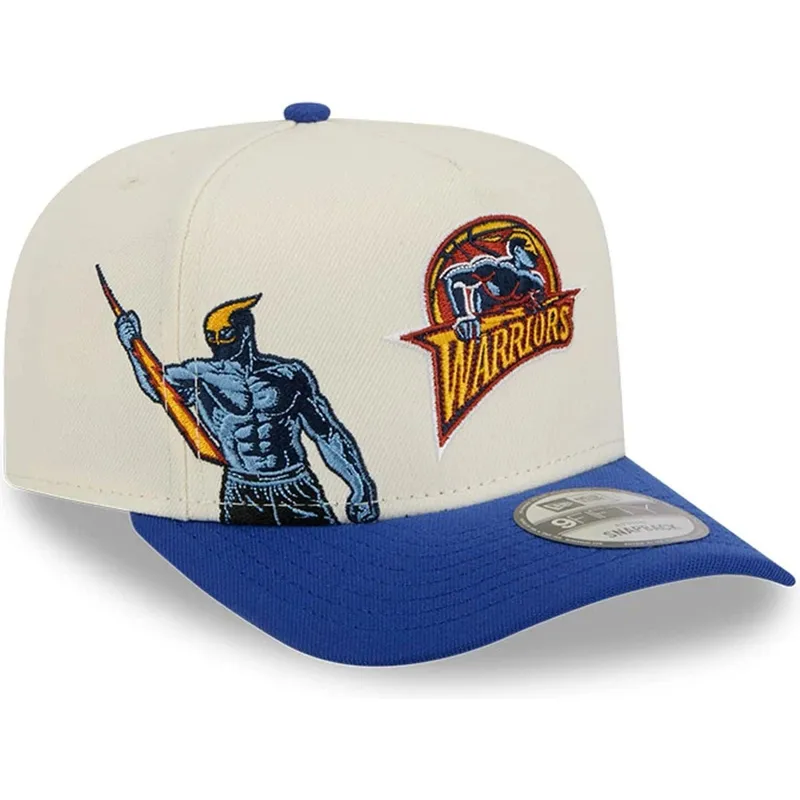 beige-und-blaue-gebogene-snapback-kappe-9fifty-a-frame-precurved-hardwood-classics-von-golden-state-warriors-nba-von-new-era
