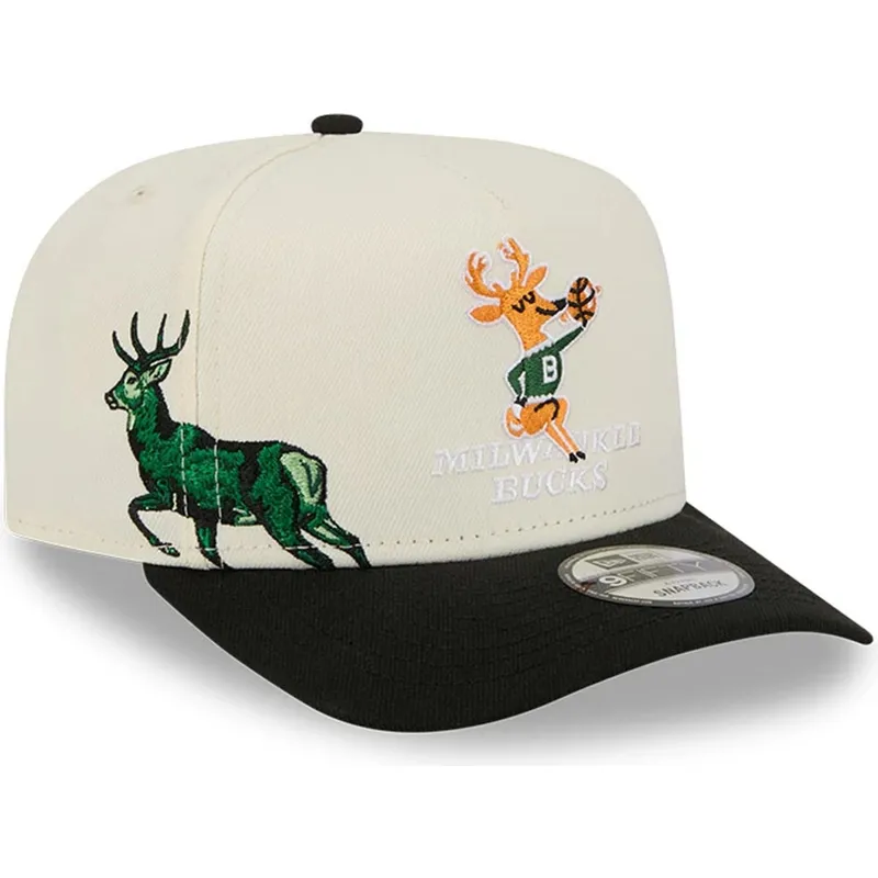 beige-und-schwarze-gebogene-snapback-kappe-9fifty-a-frame-precurved-hardwood-classics-der-milwaukee-bucks-nba-von-new-era